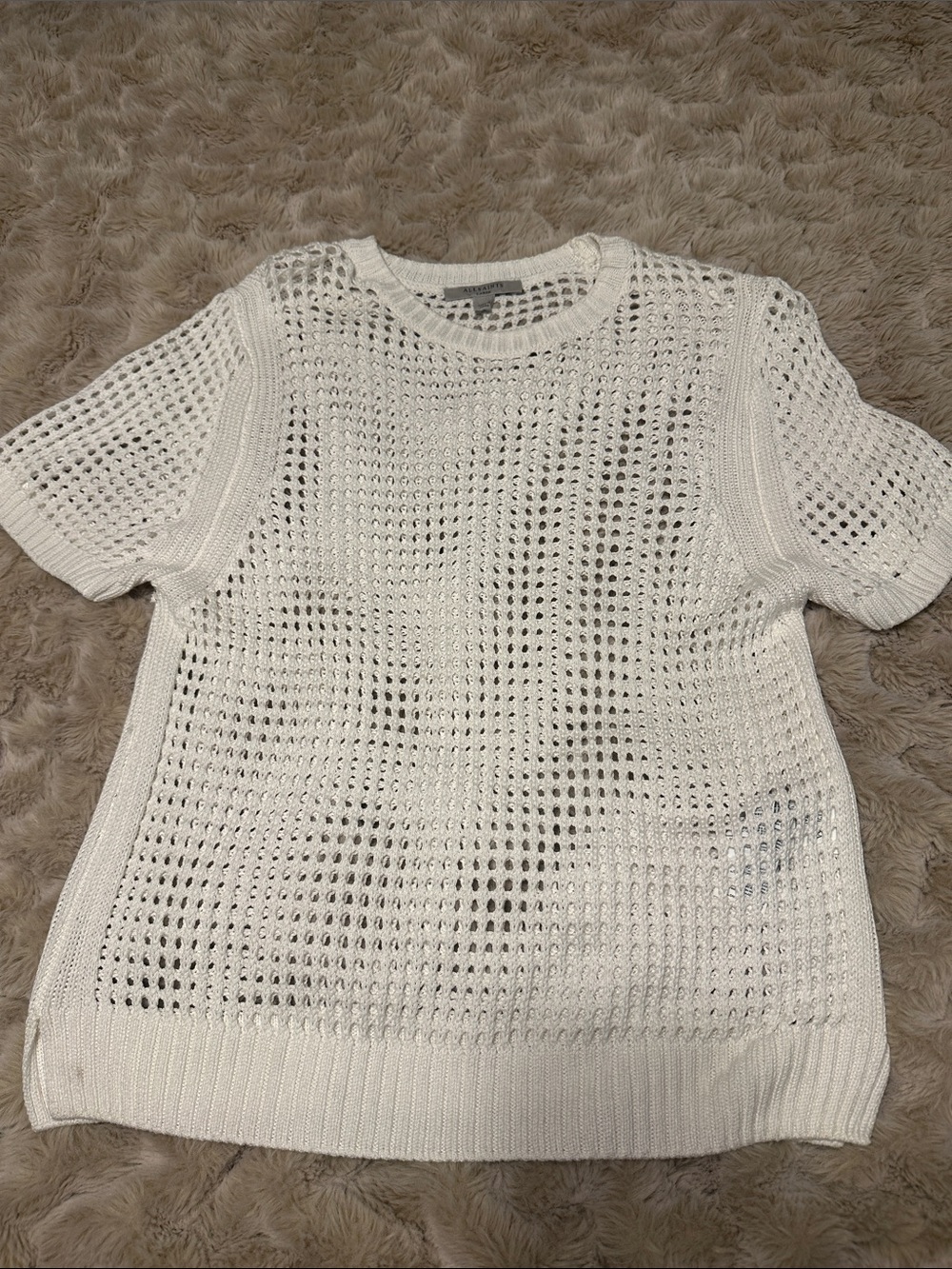 Allsaints White Open-Knit Short Sleeve Sweater